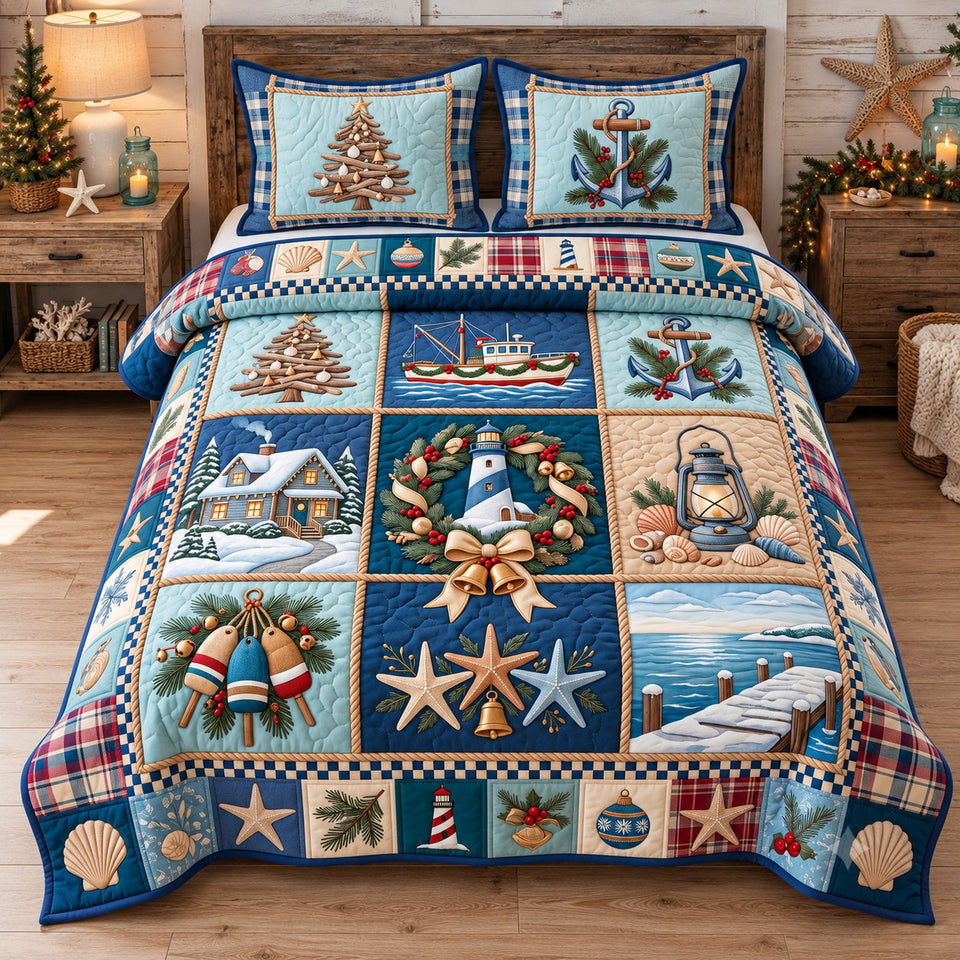 Coastal Holiday Patchwork quilted bedding set, quilt and two pillow shams on a made bed