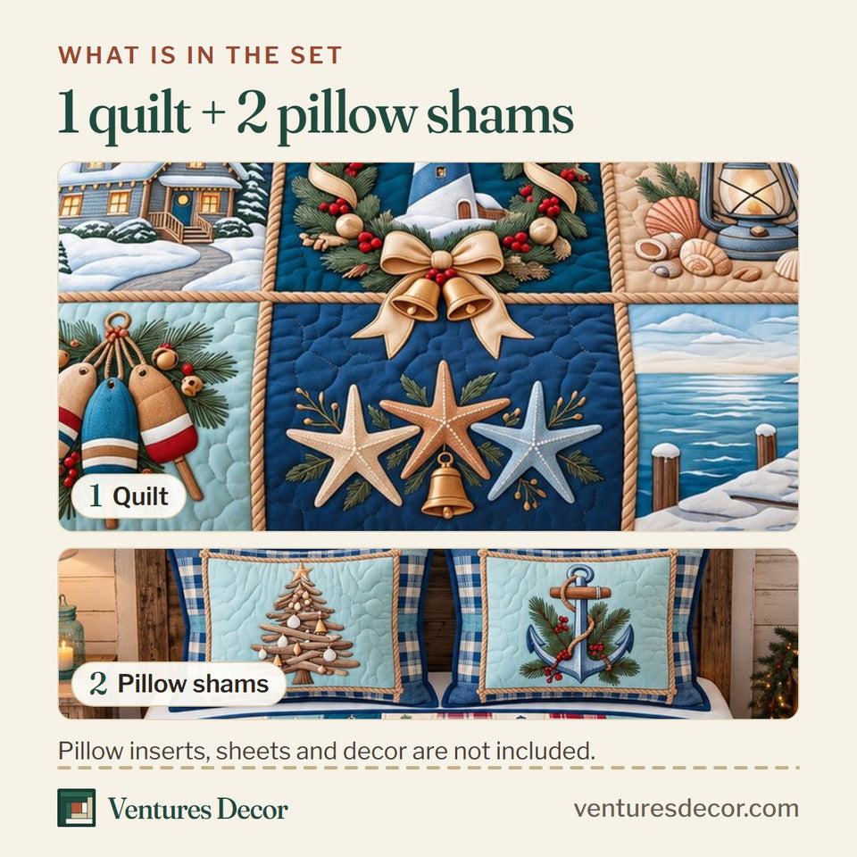 What is in the set: one quilt and two pillow shams, shown in the Coastal Holiday Patchwork Quilt Set, 3-Piece Quilted Bedding with 2 Pillow Shams design