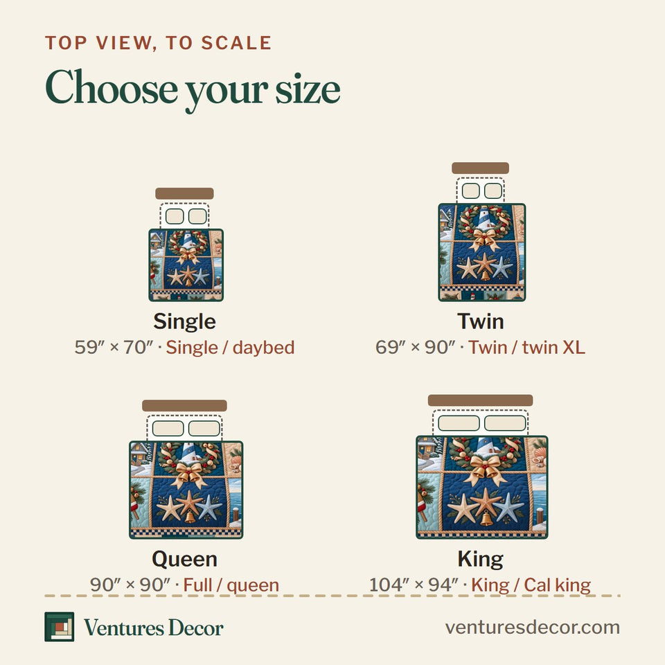 Size guide for the Coastal Holiday Patchwork Quilt Set, 3-Piece Quilted Bedding with 2 Pillow Shams quilt, top view to scale: Single 59 x 70 in, Twin 69 x 90 in, Queen 90 x 90 in, King 104 x 94 in