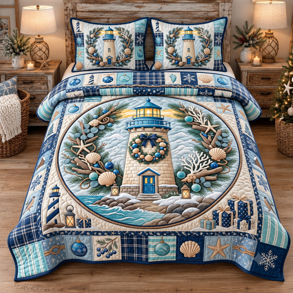 Coastal Lighthouse Christmas Beach quilted bedding set, quilt and two pillow shams on a made bed