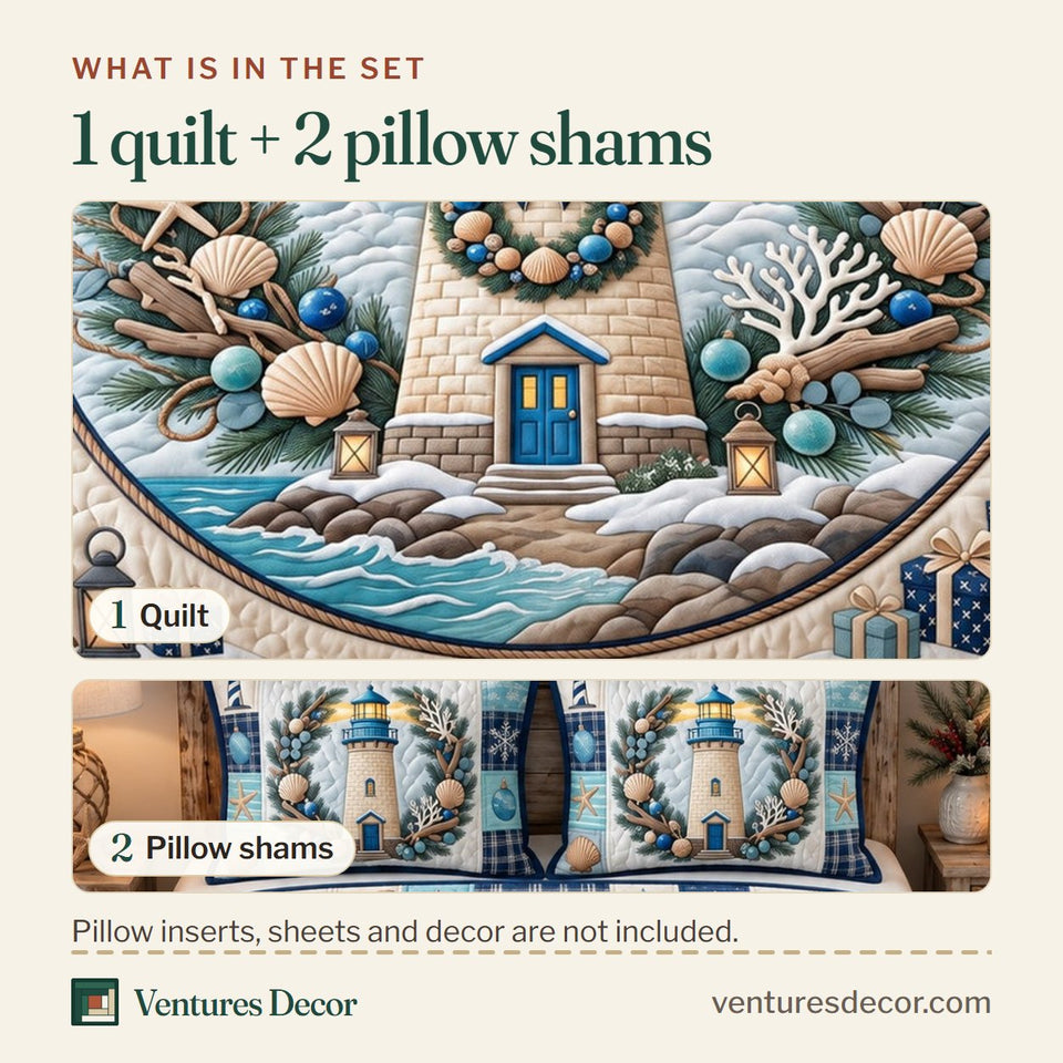 What is in the set: one quilt and two pillow shams, shown in the Coastal Lighthouse Christmas Beach Quilt Set, 3-Piece Quilted Bedding with 2 Pillow Shams design