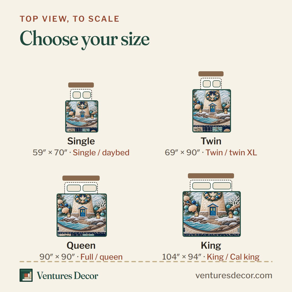 Size guide for the Coastal Lighthouse Christmas Beach Quilt Set, 3-Piece Quilted Bedding with 2 Pillow Shams quilt, top view to scale: Single 59 x 70 in, Twin 69 x 90 in, Queen 90 x 90 in, King 104 x 94 in