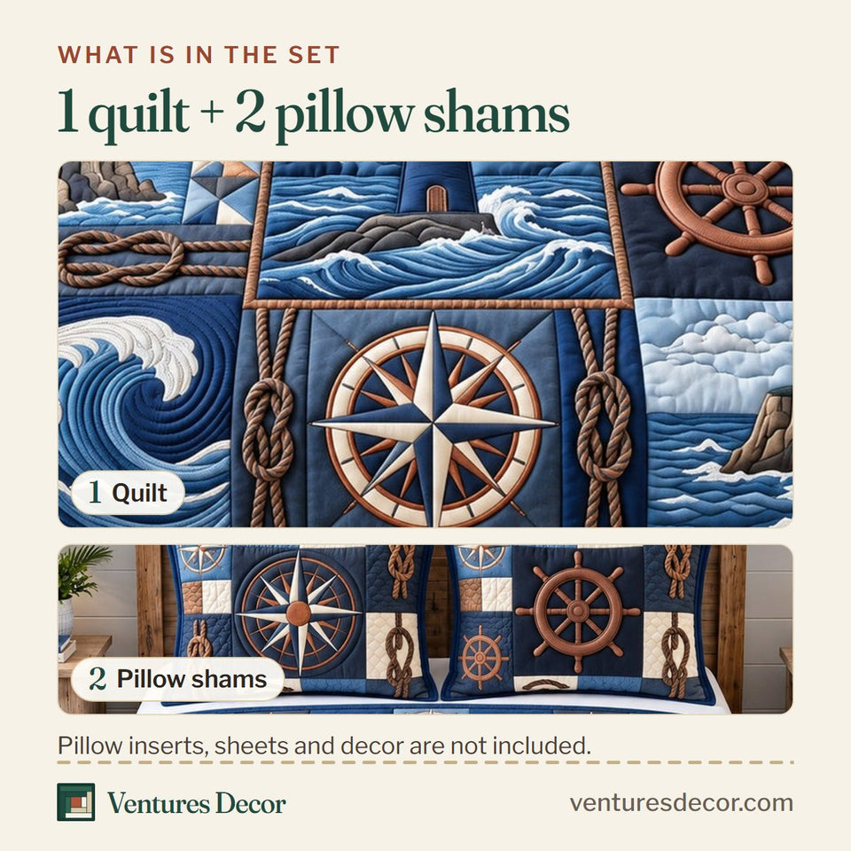 What is in the set: one quilt and two pillow shams, shown in the Coastal Patchwork Anchor Quilt Set, 3-Piece Quilted Bedding with 2 Pillow Shams design
