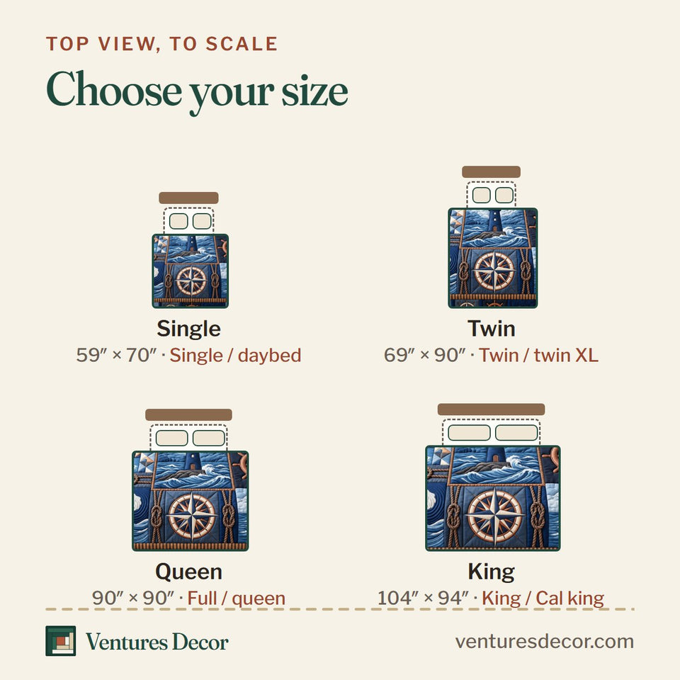 Size guide for the Coastal Patchwork Anchor Quilt Set, 3-Piece Quilted Bedding with 2 Pillow Shams quilt, top view to scale: Single 59 x 70 in, Twin 69 x 90 in, Queen 90 x 90 in, King 104 x 94 in