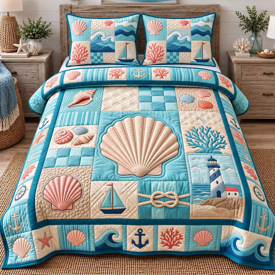 Coastal Patchwork in Sky Blue quilted bedding set, quilt and two pillow shams on a made bed