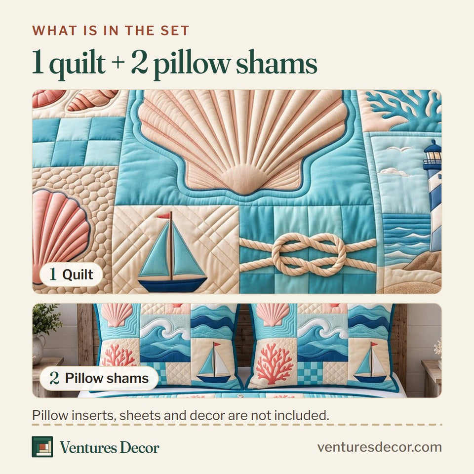 What is in the set: one quilt and two pillow shams, shown in the Coastal Patchwork in Sky Blue Quilt Set, 3-Piece Quilted Bedding with 2 Pillow Shams design