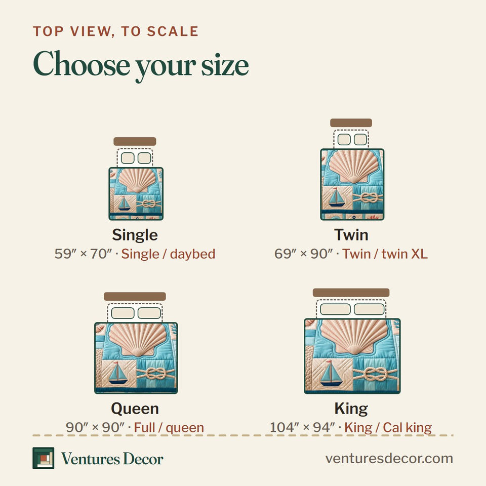 Size guide for the Coastal Patchwork in Sky Blue Quilt Set, 3-Piece Quilted Bedding with 2 Pillow Shams quilt, top view to scale: Single 59 x 70 in, Twin 69 x 90 in, Queen 90 x 90 in, King 104 x 94 in