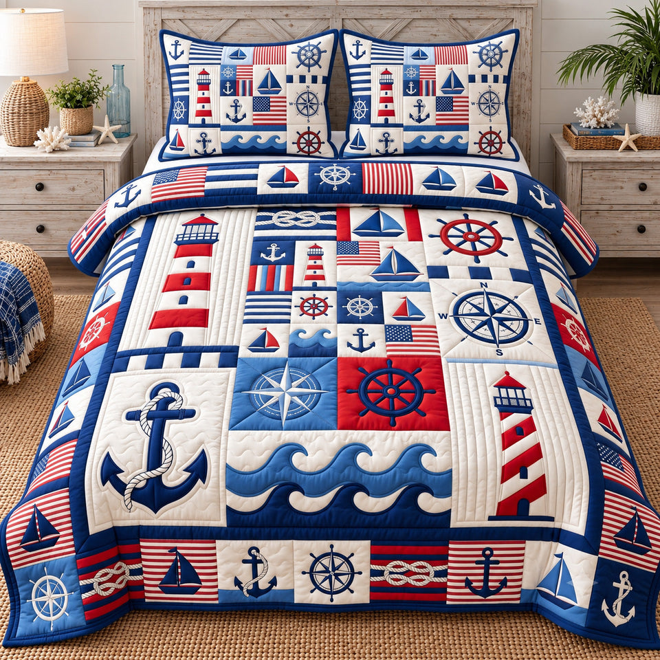 Coastal Patchwork Lighthouse quilted bedding set, quilt and two pillow shams on a made bed