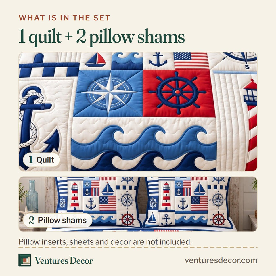 What is in the set: one quilt and two pillow shams, shown in the Coastal Patchwork Lighthouse Quilt Set, 3-Piece Quilted Bedding with 2 Pillow Shams design