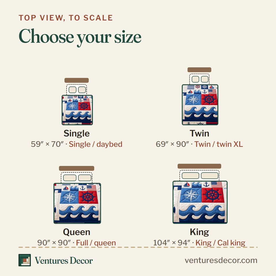 Size guide for the Coastal Patchwork Lighthouse Quilt Set, 3-Piece Quilted Bedding with 2 Pillow Shams quilt, top view to scale: Single 59 x 70 in, Twin 69 x 90 in, Queen 90 x 90 in, King 104 x 94 in
