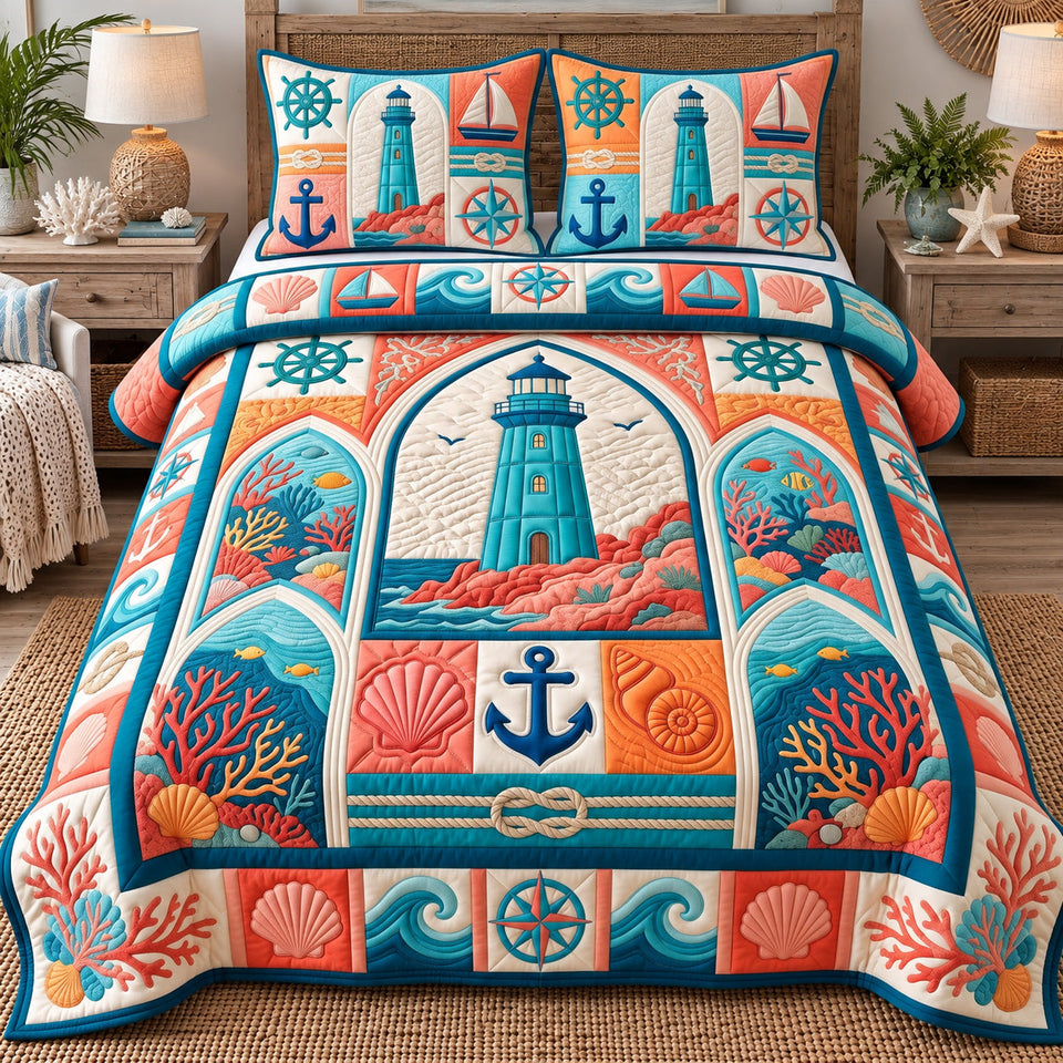 Coastal Patchwork Nautical quilted bedding set, quilt and two pillow shams on a made bed