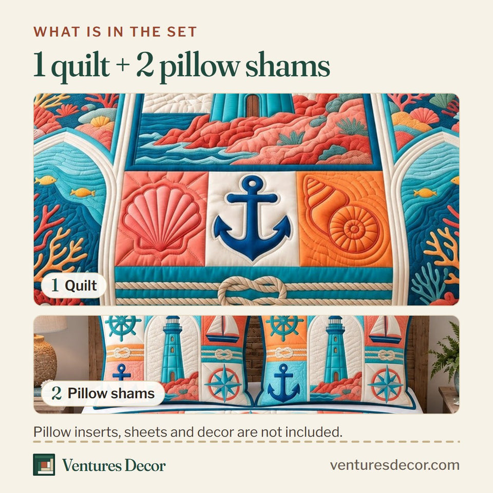 What is in the set: one quilt and two pillow shams, shown in the Coastal Patchwork Nautical Quilt Set, 3-Piece Quilted Bedding with 2 Pillow Shams design