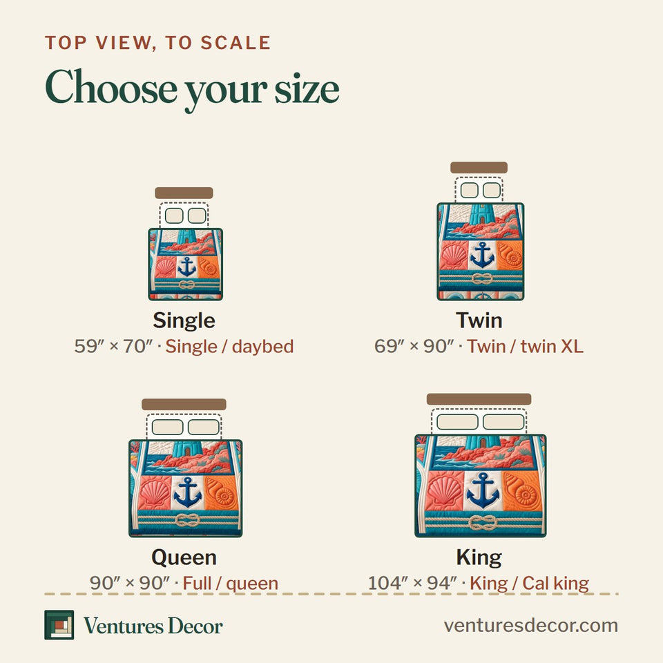 Size guide for the Coastal Patchwork Nautical Quilt Set, 3-Piece Quilted Bedding with 2 Pillow Shams quilt, top view to scale: Single 59 x 70 in, Twin 69 x 90 in, Queen 90 x 90 in, King 104 x 94 in