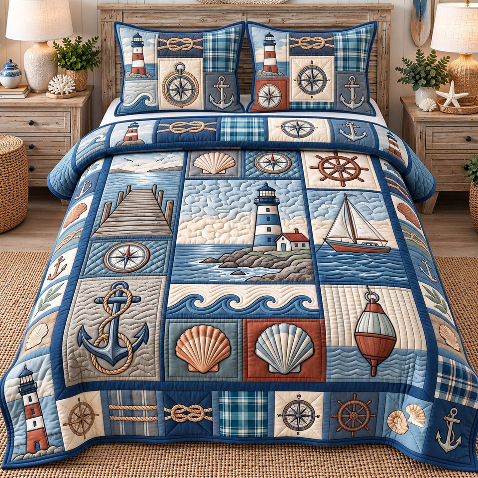 Coastal Patchwork Ocean quilted bedding set, quilt and two pillow shams on a made bed