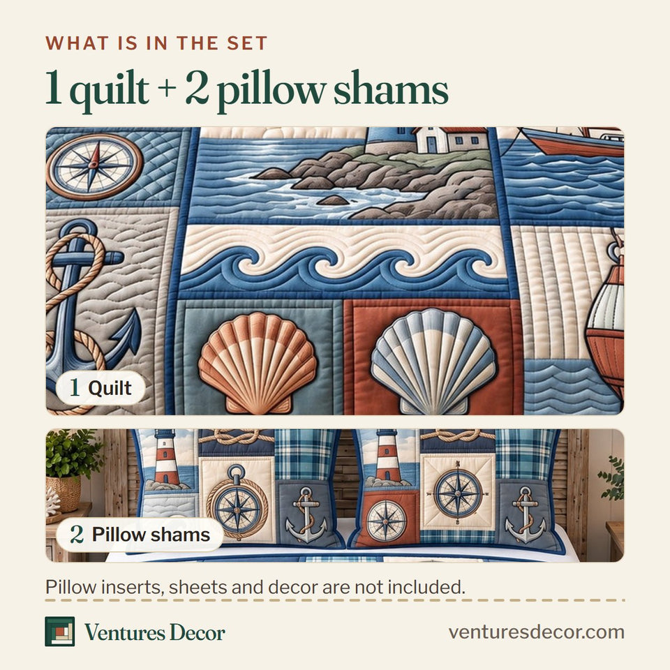 What is in the set: one quilt and two pillow shams, shown in the Coastal Patchwork Ocean Quilt Set, 3-Piece Quilted Bedding with 2 Pillow Shams design