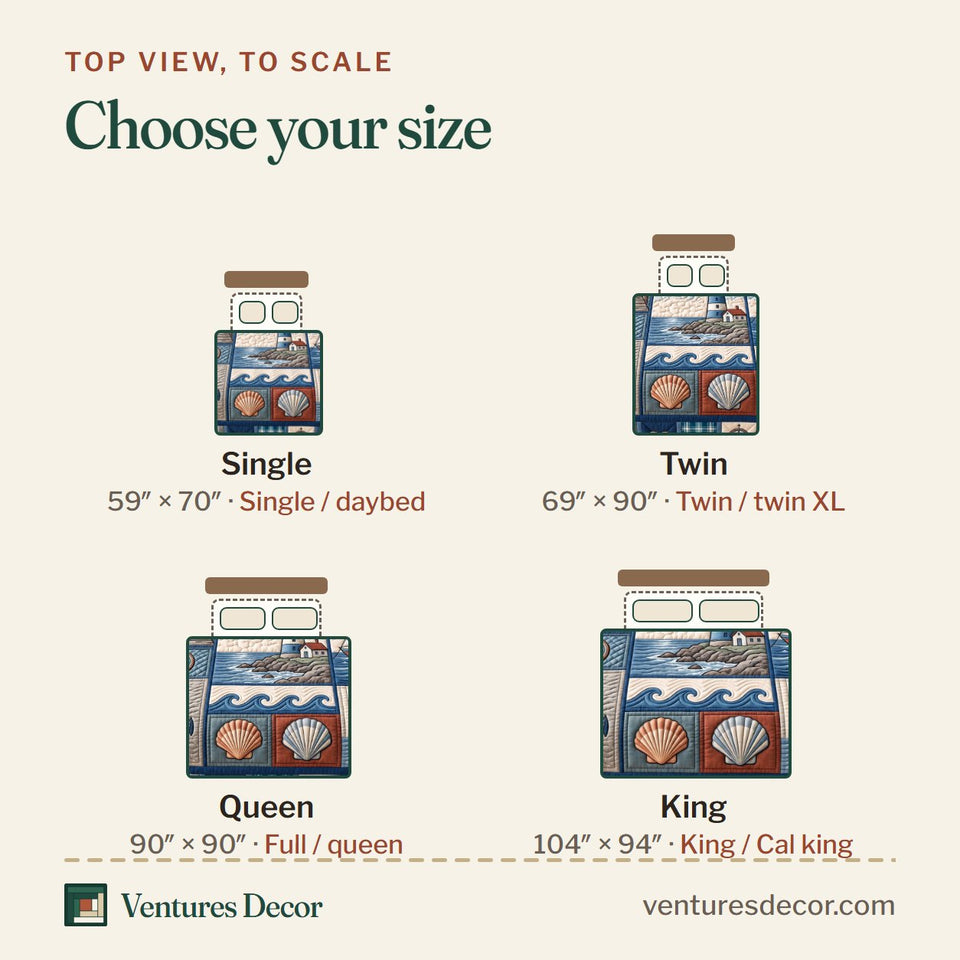 Size guide for the Coastal Patchwork Ocean Quilt Set, 3-Piece Quilted Bedding with 2 Pillow Shams quilt, top view to scale: Single 59 x 70 in, Twin 69 x 90 in, Queen 90 x 90 in, King 104 x 94 in