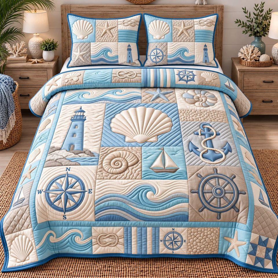 Coastal Patchwork quilted bedding set, quilt and two pillow shams on a made bed