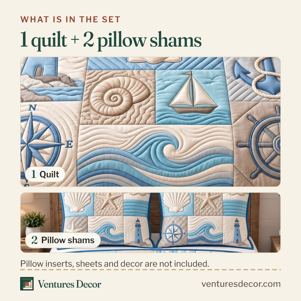 What is in the set: one quilt and two pillow shams, shown in the Coastal Patchwork Quilt Set, 3-Piece Quilted Bedding with 2 Pillow Shams design