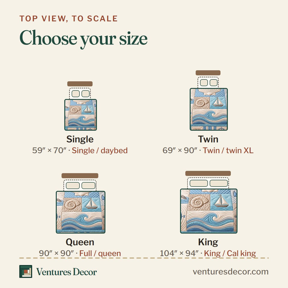 Size guide for the Coastal Patchwork Quilt Set, 3-Piece Quilted Bedding with 2 Pillow Shams quilt, top view to scale: Single 59 x 70 in, Twin 69 x 90 in, Queen 90 x 90 in, King 104 x 94 in