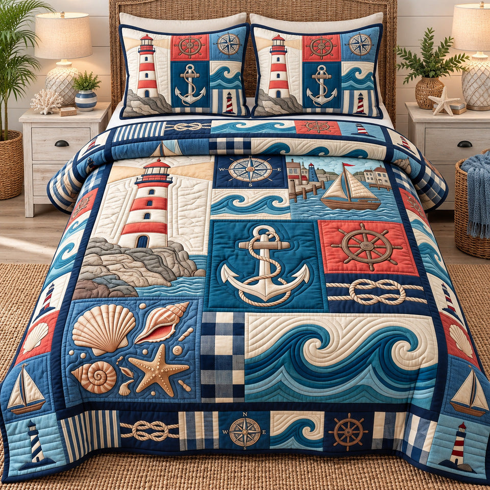 Coastal Patchwork Sea quilted bedding set, quilt and two pillow shams on a made bed