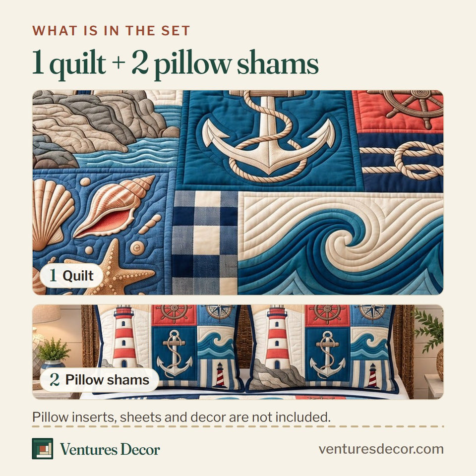 What is in the set: one quilt and two pillow shams, shown in the Coastal Patchwork Sea Quilt Set, 3-Piece Quilted Bedding with 2 Pillow Shams design