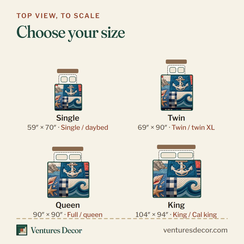 Size guide for the Coastal Patchwork Sea Quilt Set, 3-Piece Quilted Bedding with 2 Pillow Shams quilt, top view to scale: Single 59 x 70 in, Twin 69 x 90 in, Queen 90 x 90 in, King 104 x 94 in