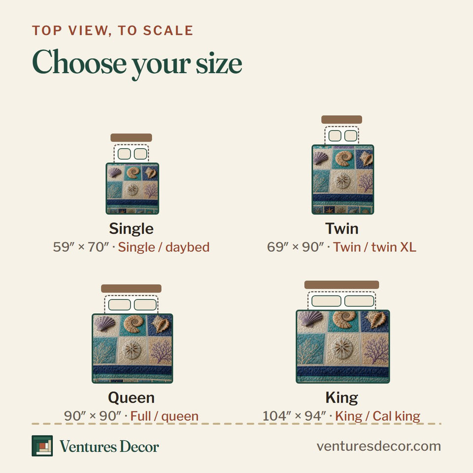 Size guide for the Coastal Patchwork Shell Blocks Violet Frame quilt, top view to scale: Single 59 x 70 in, Twin 69 x 90 in, Queen 90 x 90 in, King 104 x 94 in