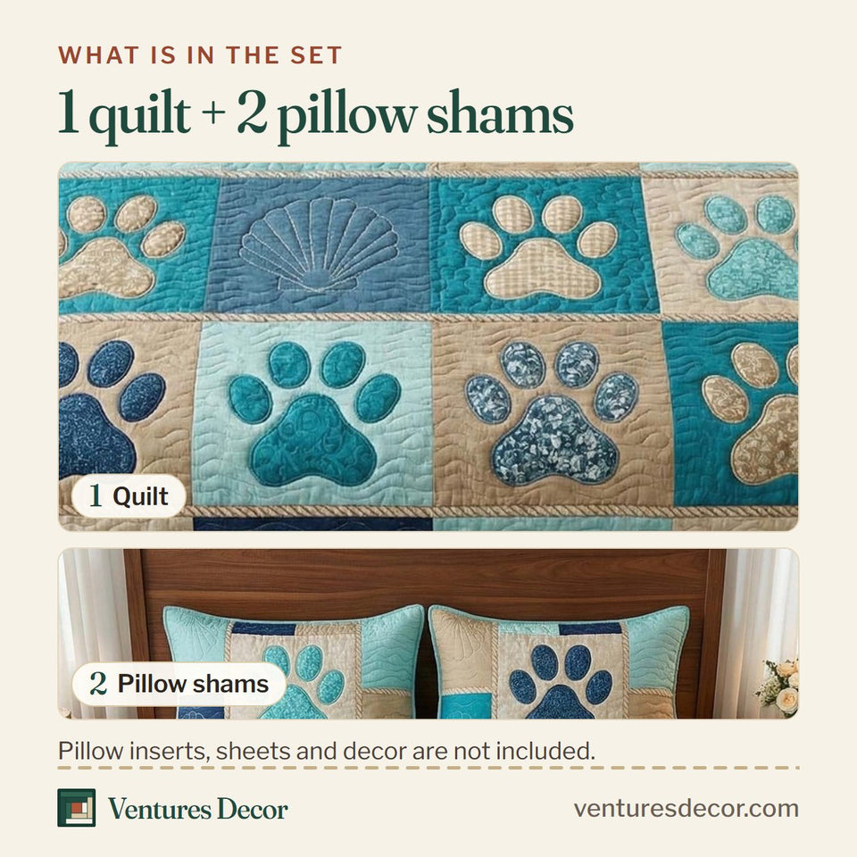 What is in the set: one quilt and two pillow shams, shown in the Coastal Paws design
