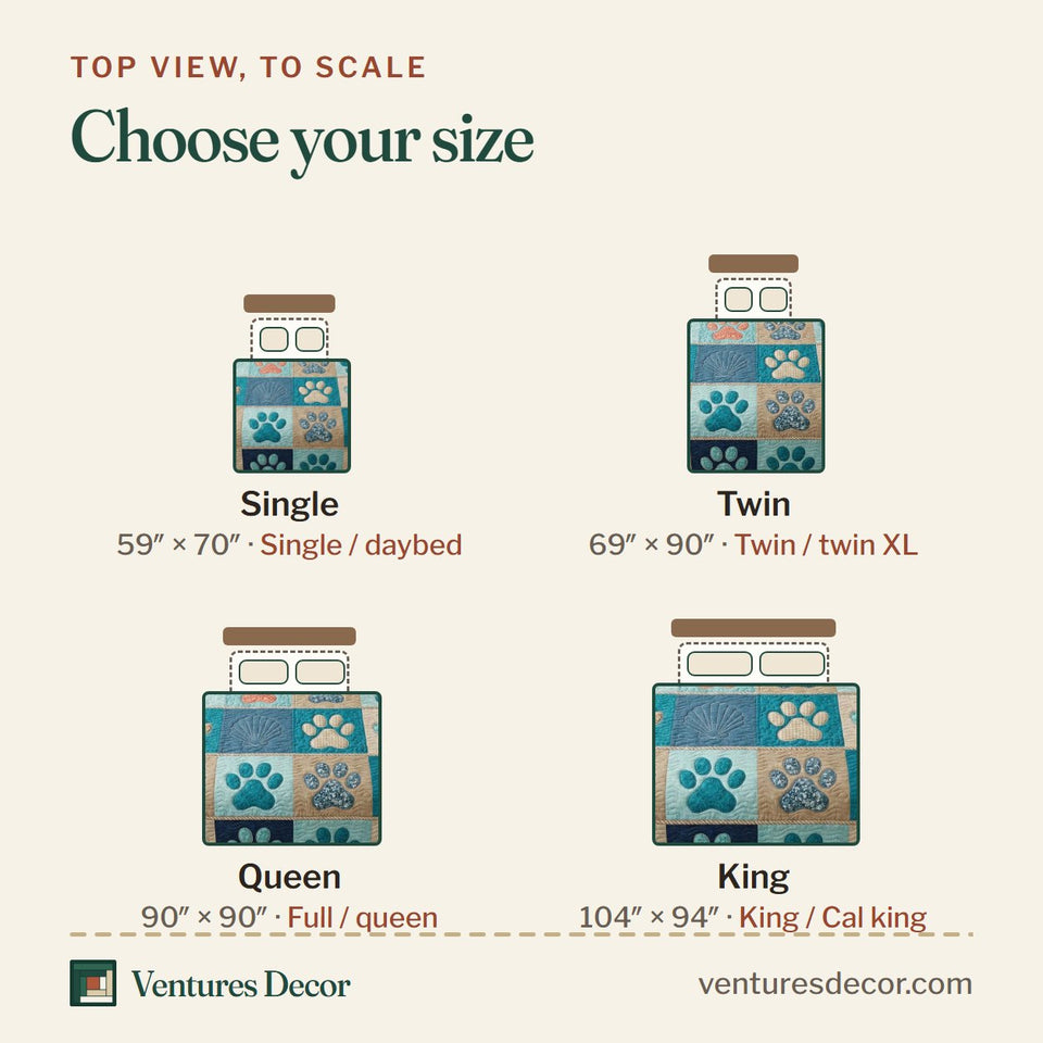 Size guide for the Coastal Paws quilt, top view to scale: Single 59 x 70 in, Twin 69 x 90 in, Queen 90 x 90 in, King 104 x 94 in