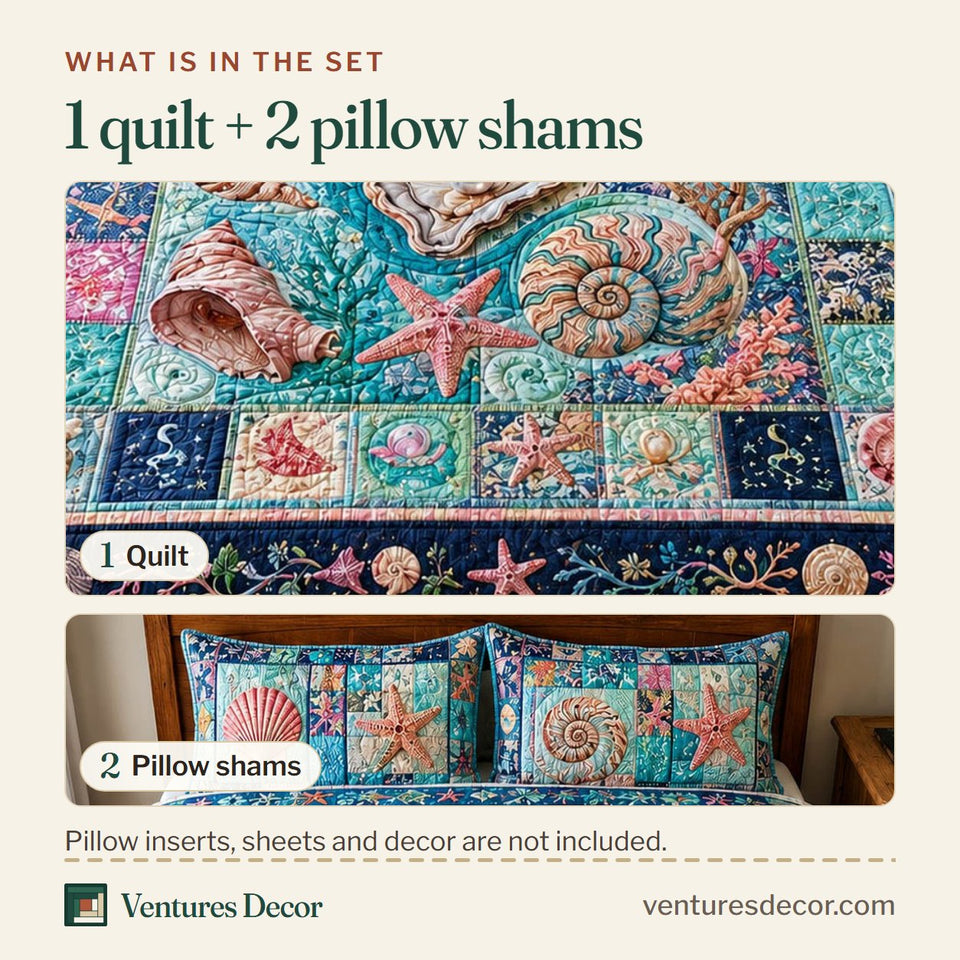 What is in the set: one quilt and two pillow shams, shown in the Coastal Pearls design