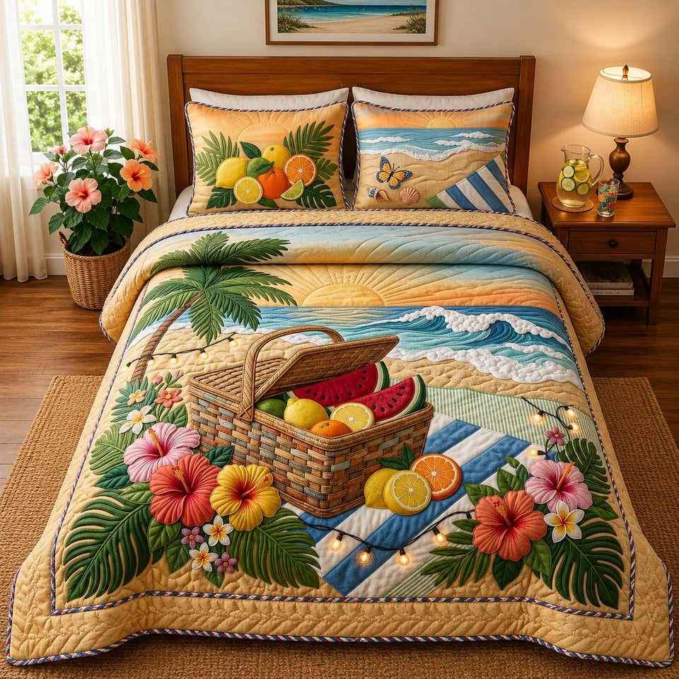 Coastal Picnic quilted bedding set, quilt and two pillow shams on a made bed