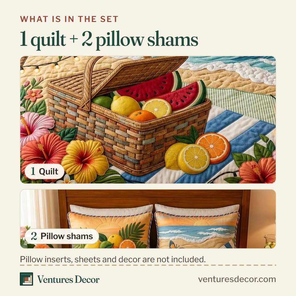 What is in the set: one quilt and two pillow shams, shown in the Coastal Picnic design