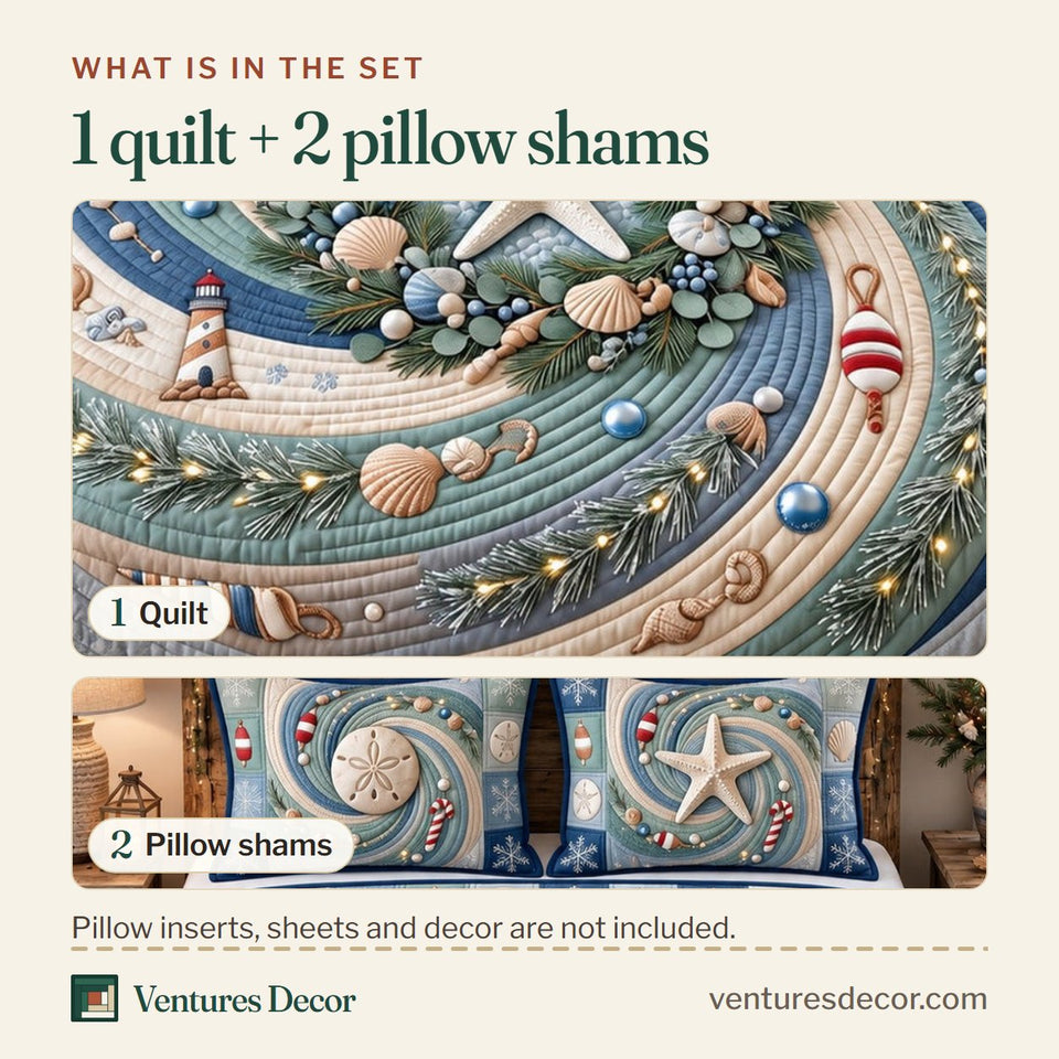 What is in the set: one quilt and two pillow shams, shown in the Coastal Seashell Wreath Quilt Set, 3-Piece Quilted Bedding with 2 Pillow Shams design