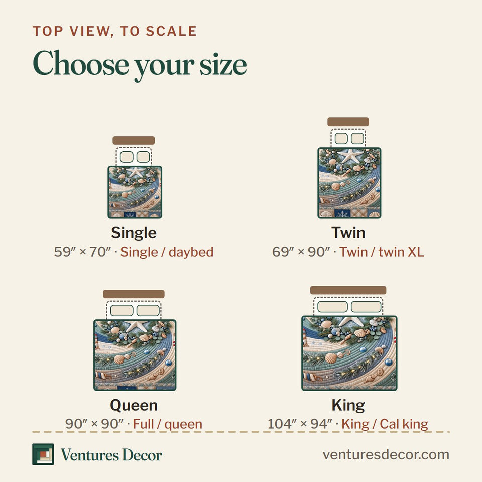 Size guide for the Coastal Seashell Wreath Quilt Set, 3-Piece Quilted Bedding with 2 Pillow Shams quilt, top view to scale: Single 59 x 70 in, Twin 69 x 90 in, Queen 90 x 90 in, King 104 x 94 in