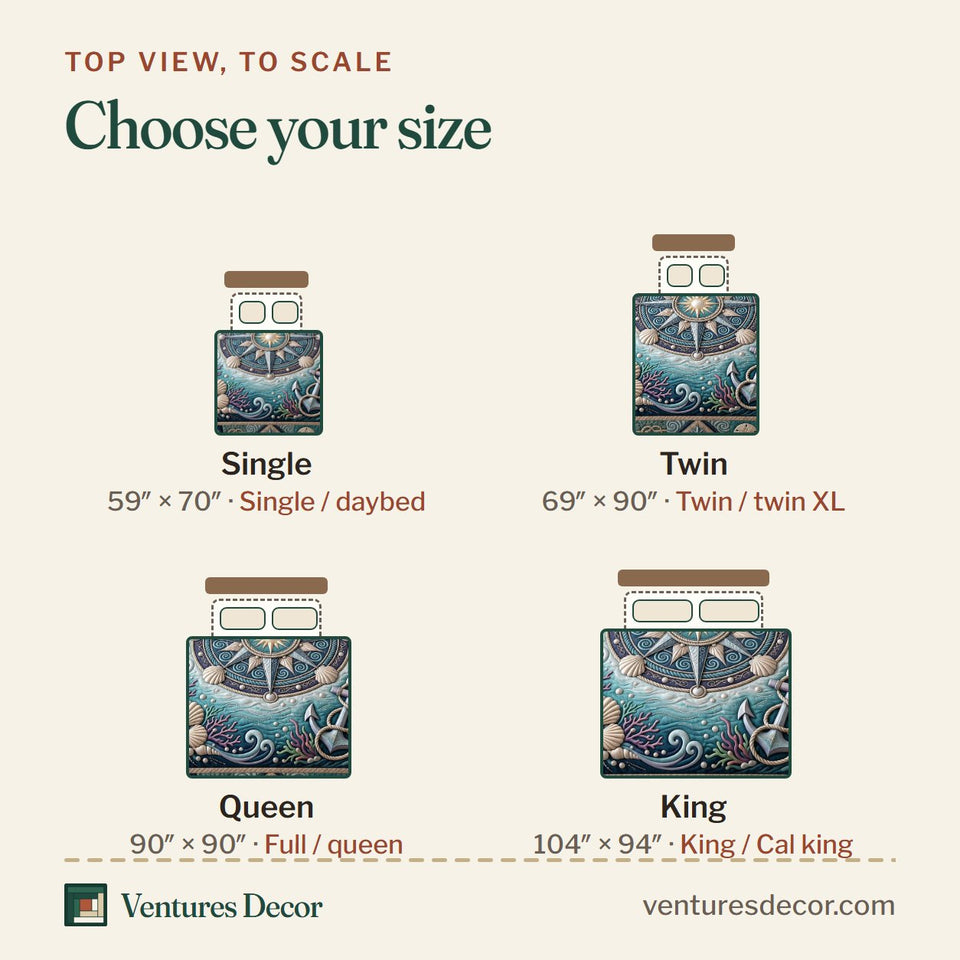 Size guide for the Coastal Serenity Compass Rose Navy quilt, top view to scale: Single 59 x 70 in, Twin 69 x 90 in, Queen 90 x 90 in, King 104 x 94 in