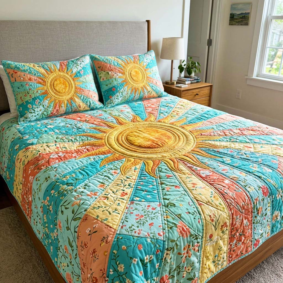 Coastal Sun quilted bedding set, quilt and two pillow shams on a made bed