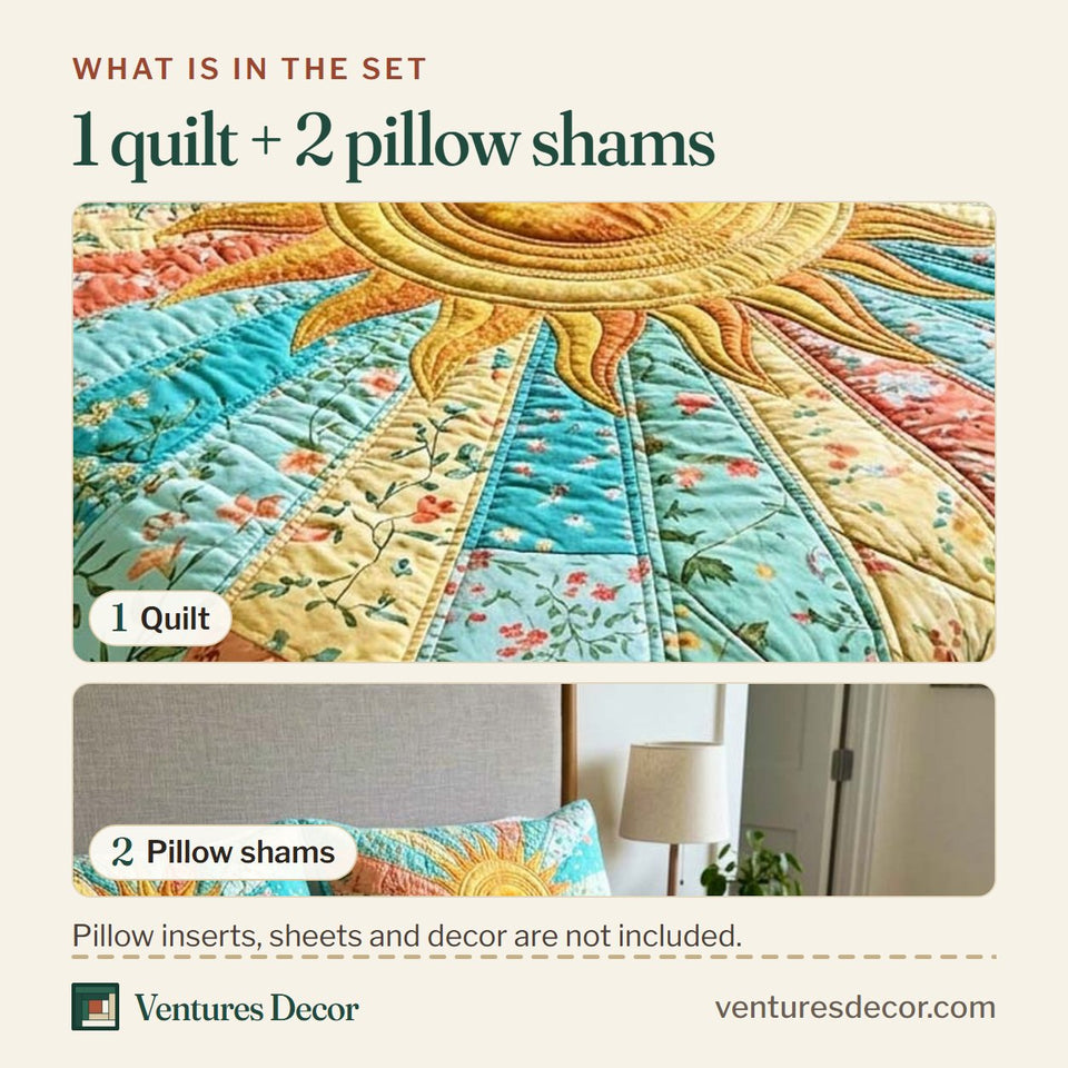 What is in the set: one quilt and two pillow shams, shown in the Coastal Sun design