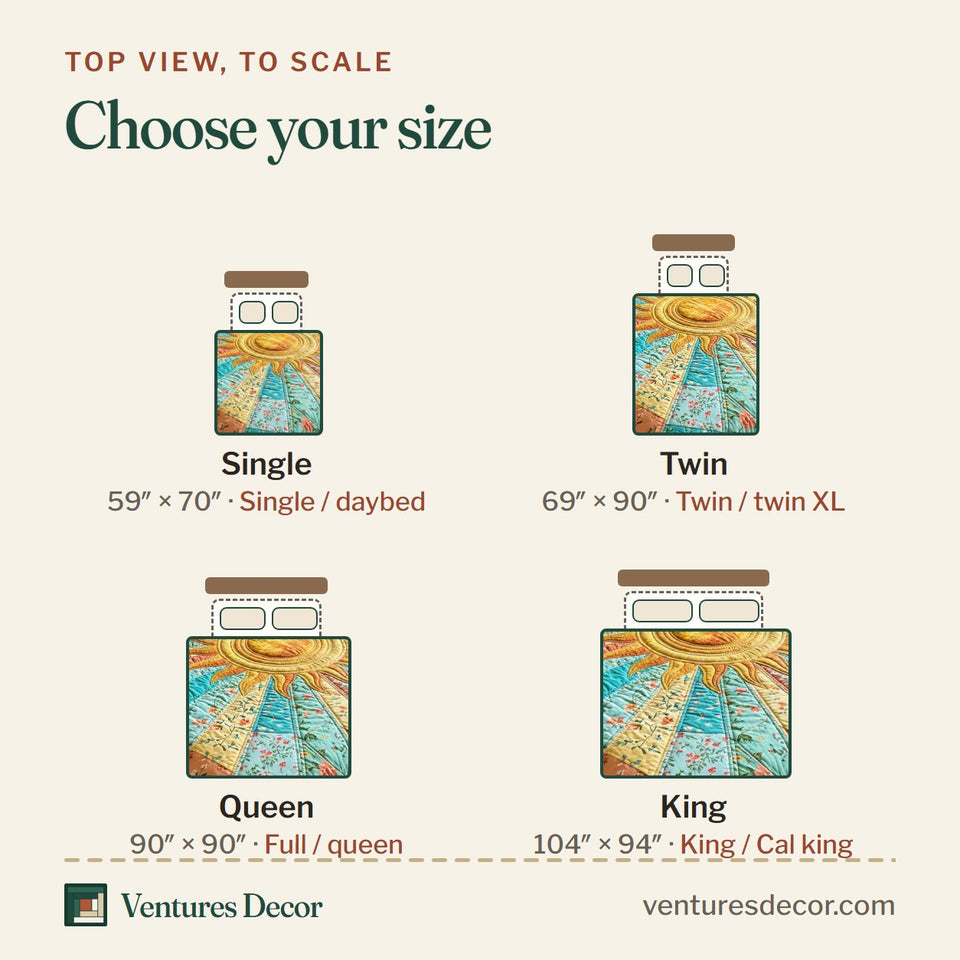 Size guide for the Coastal Sun quilt, top view to scale: Single 59 x 70 in, Twin 69 x 90 in, Queen 90 x 90 in, King 104 x 94 in