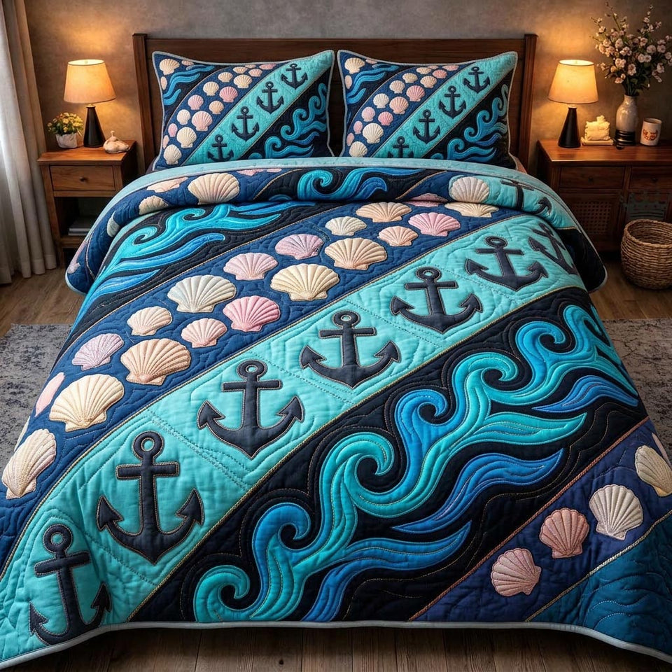 Coastal Treasure Anchors On Teal Diagonal Bands quilted bedding set, quilt and two pillow shams on a made bed