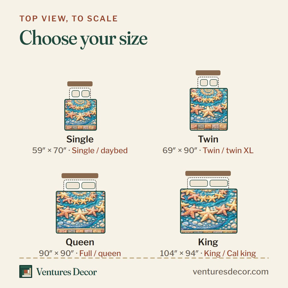 Size guide for the Coastal Treasure Starfish Spiral On Deep Blue quilt, top view to scale: Single 59 x 70 in, Twin 69 x 90 in, Queen 90 x 90 in, King 104 x 94 in