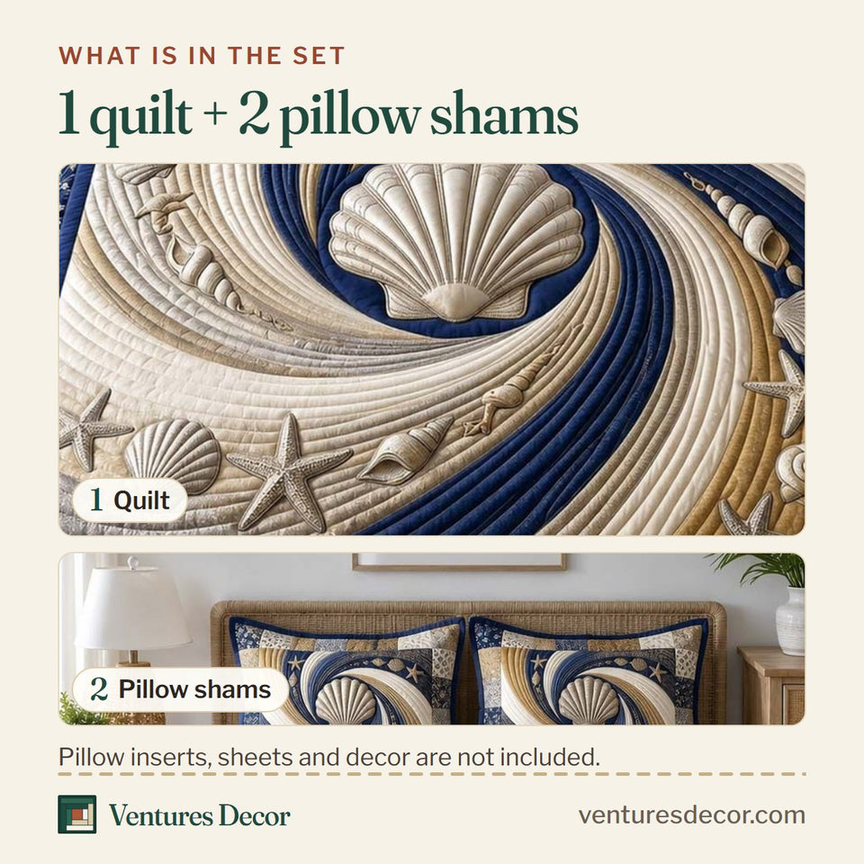 What is in the set: one quilt and two pillow shams, shown in the Coastal Whisper Beach design