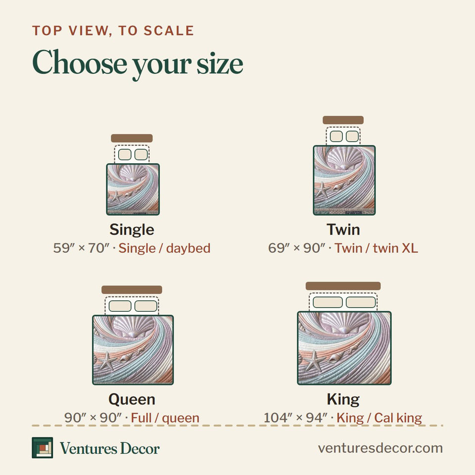 Size guide for the Coastal Whisper Blush Spiral Shell quilt, top view to scale: Single 59 x 70 in, Twin 69 x 90 in, Queen 90 x 90 in, King 104 x 94 in