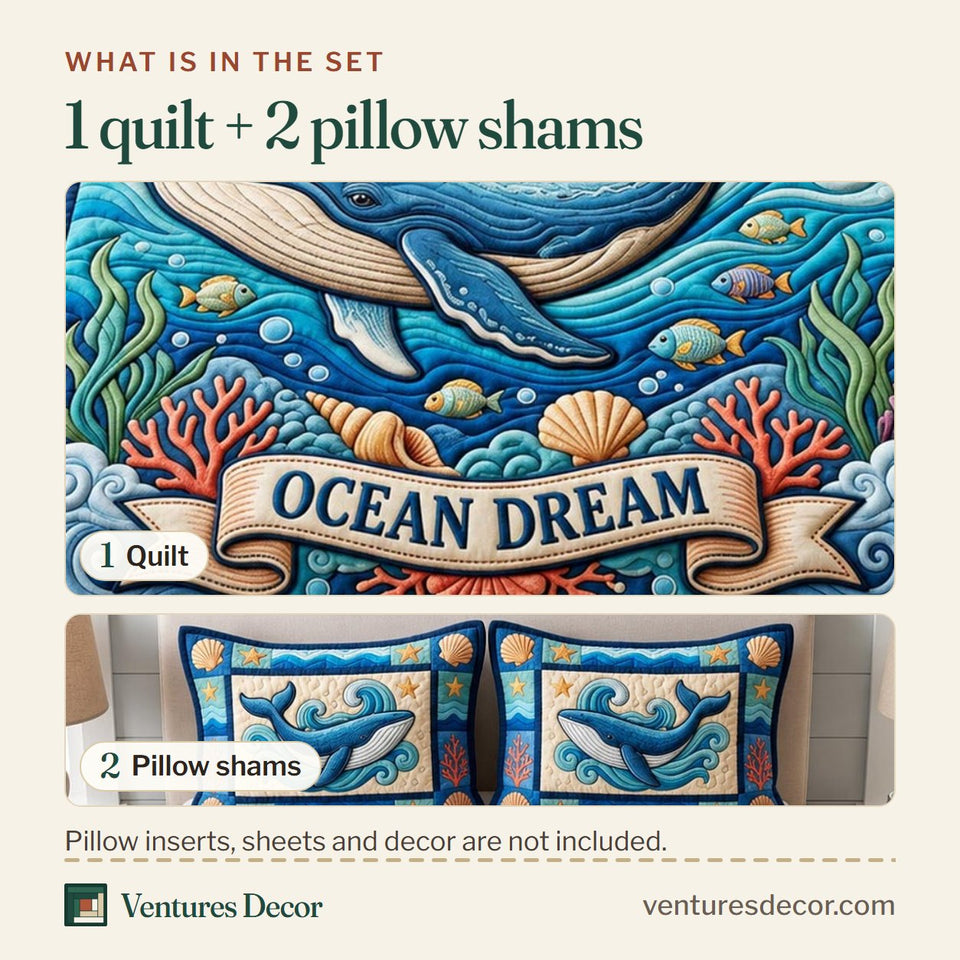 What is in the set: one quilt and two pillow shams, shown in the Coastal Whisper Coastal Living design