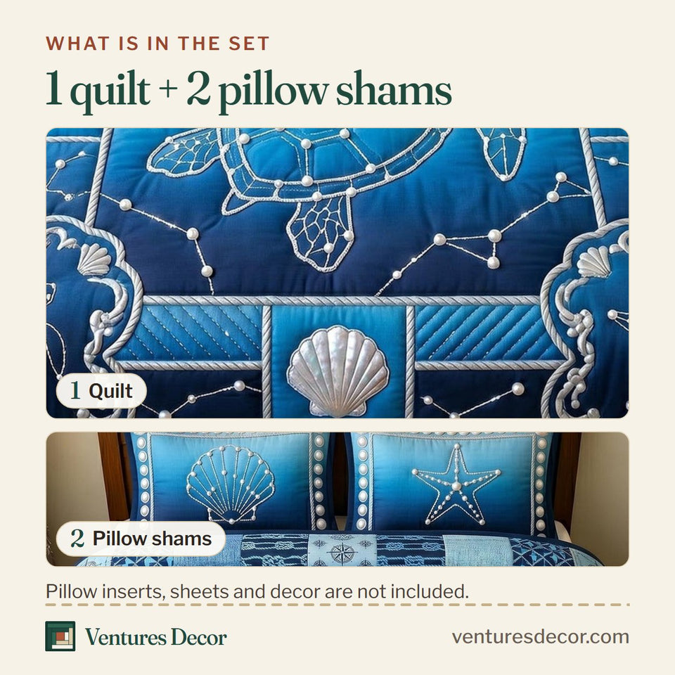 What is in the set: one quilt and two pillow shams, shown in the Coastal Whisper Constellation Turtle design