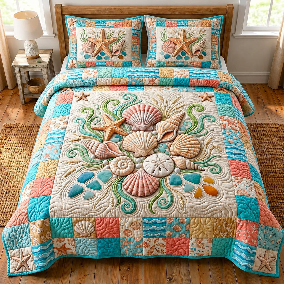 Coastal Whisper in Tan quilted bedding set, quilt and two pillow shams on a made bed