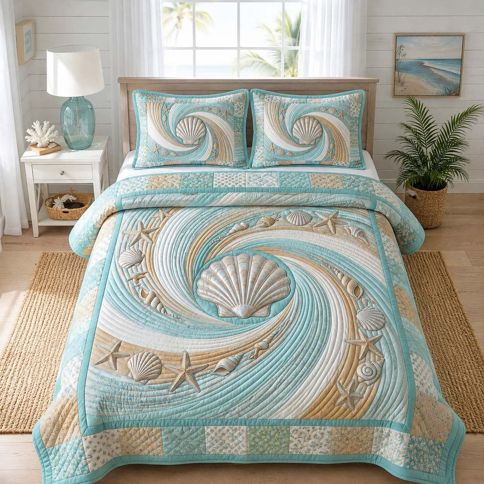Coastal Whisper quilted bedding set, quilt and two pillow shams on a made bed