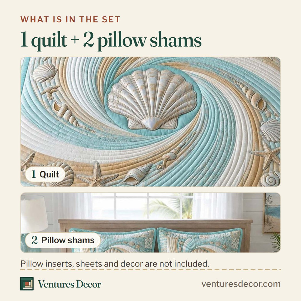 What is in the set: one quilt and two pillow shams, shown in the Coastal Whisper design