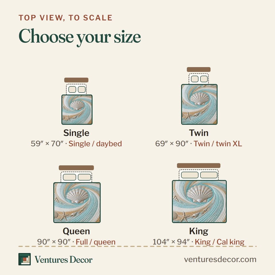 Size guide for the Coastal Whisper quilt, top view to scale: Single 59 x 70 in, Twin 69 x 90 in, Queen 90 x 90 in, King 104 x 94 in