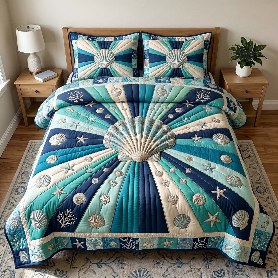 Coastal Whisper Scallop Sunburst Navy quilted bedding set, quilt and two pillow shams on a made bed