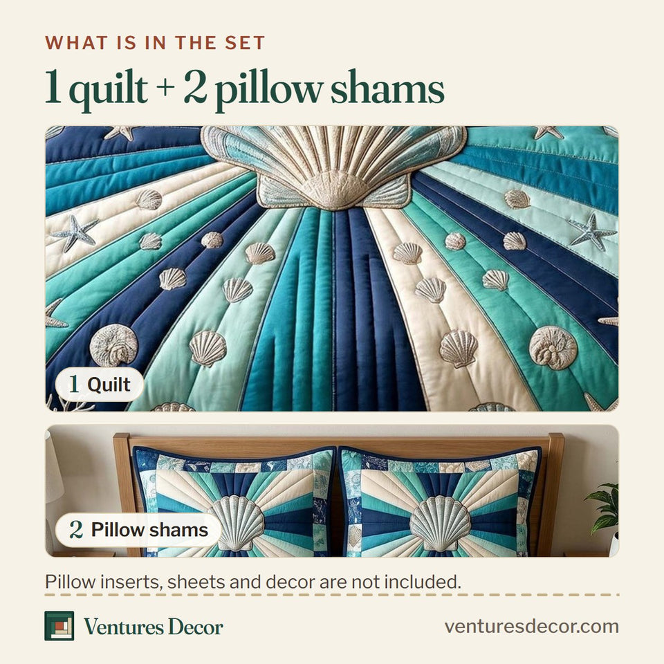 What is in the set: one quilt and two pillow shams, shown in the Coastal Whisper Scallop Sunburst Navy design